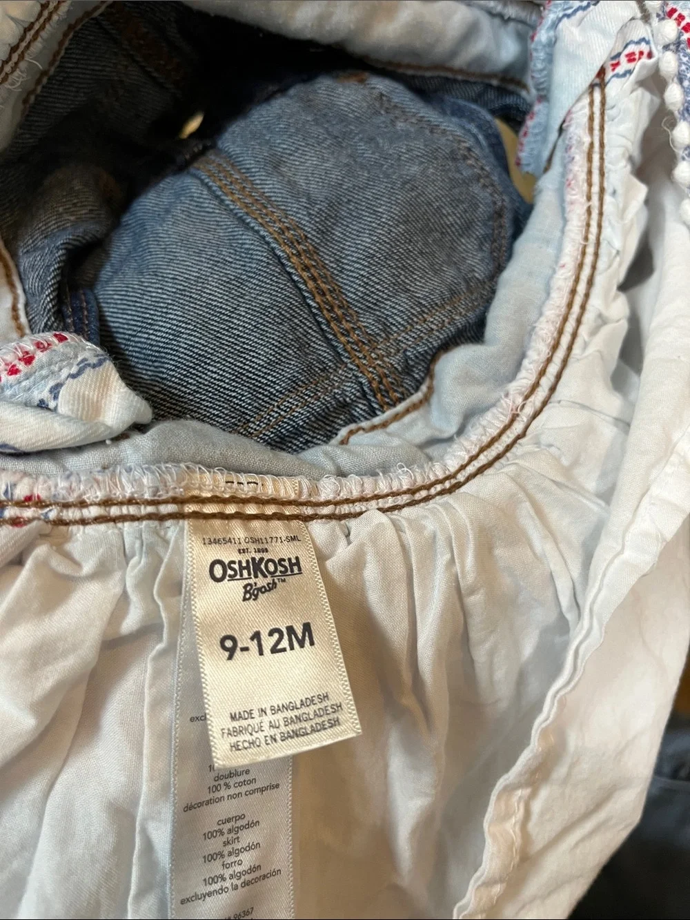 OshKosh B'gosh Denim Overall Dress - Navy, White & Red Accents 9-12M Lined